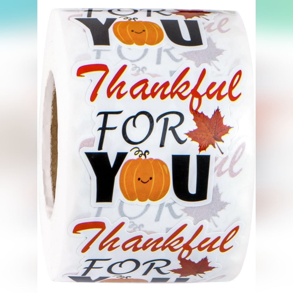 50 ct.  1.7x2"  Autumn Stickers - Pumpkin and Maple Leaf with "Thankful …